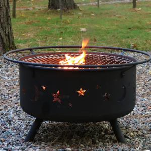 Cosmic Stars and Moon 30″ Wood Burning Fire Pit With Cooking Grill – Round – Sunnydaze Decor